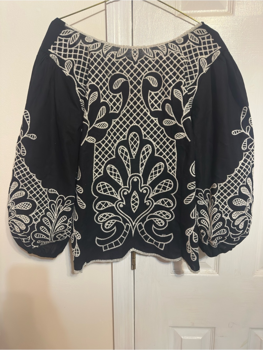 Cato Black Blouse with White Embroidered Motifs